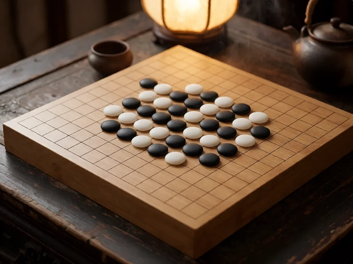 蓝牙对战五子棋,茶楼木桌上的黑白棋子博弈