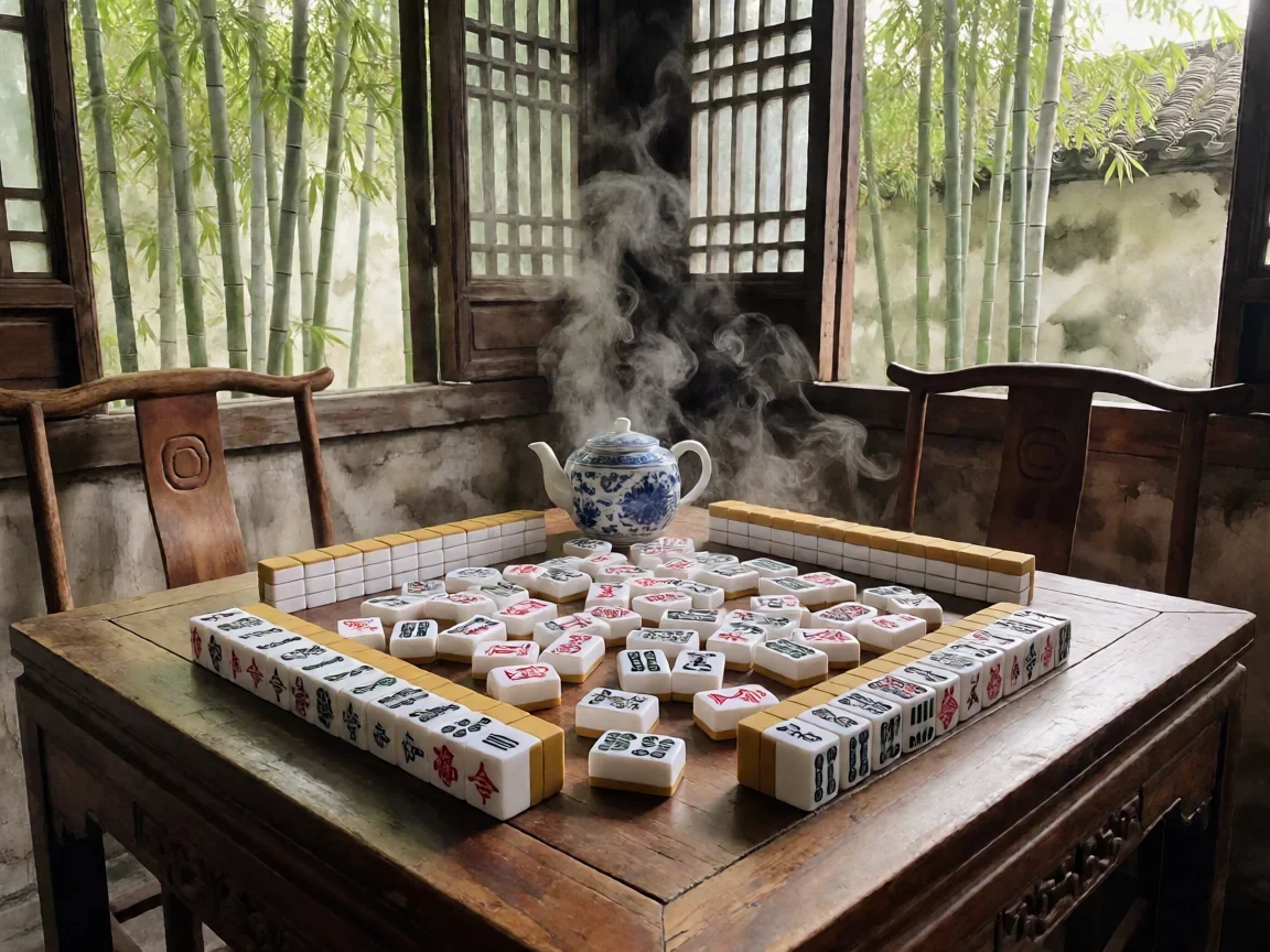 四川麻将定缺,古风茶楼木质牌桌