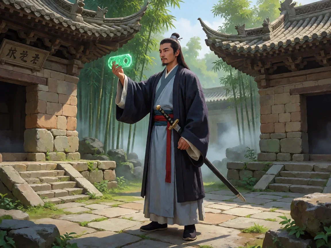 竹林庭院中剑客凝望发光玉牌的静谧画面,逆水寒等级直升方法