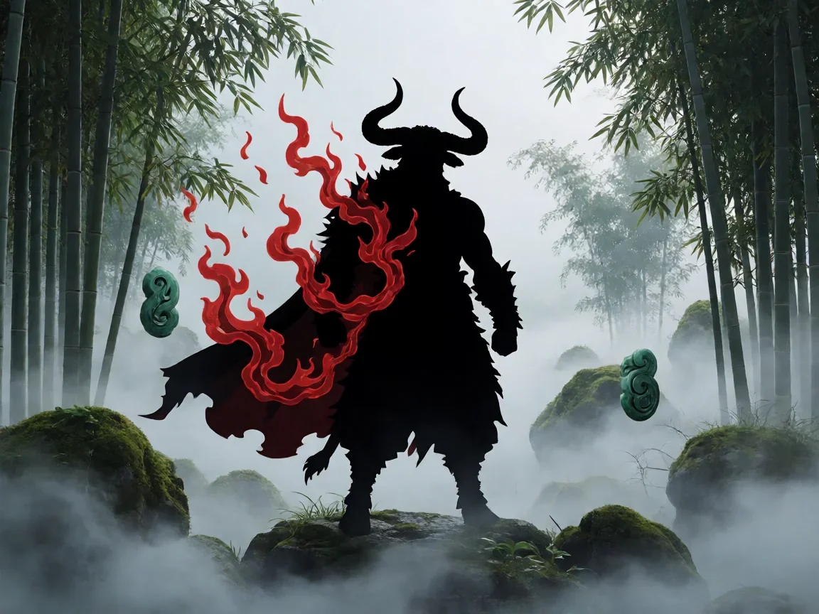 造梦西游3牛魔王时装效果,竹林剑气下的牛魔王剪影