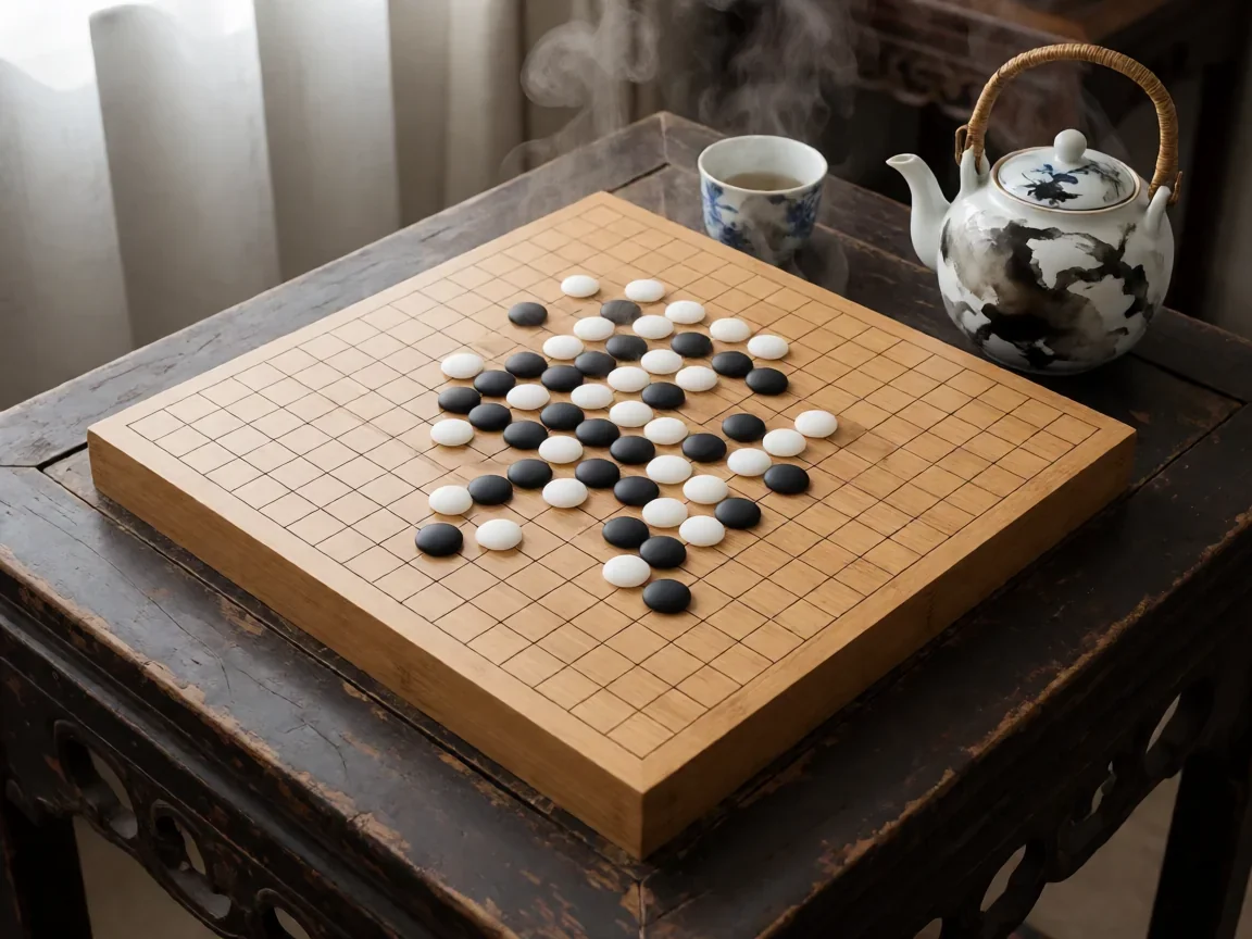围棋小目定式开局,古风茶楼木质棋盘剪影