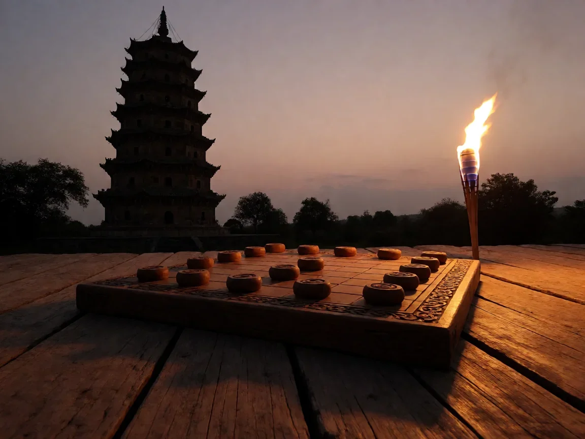 蓝牙对战五子棋,古塔剪影旁的五子棋落子瞬间