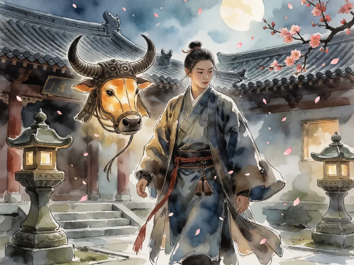 造梦西游3牛魔王时装效果,月夜庭院中的修道者剪影