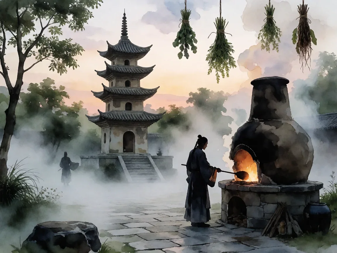 想不想修真炼丹室丹炉,暮色竹林间炼丹的修道者剪影