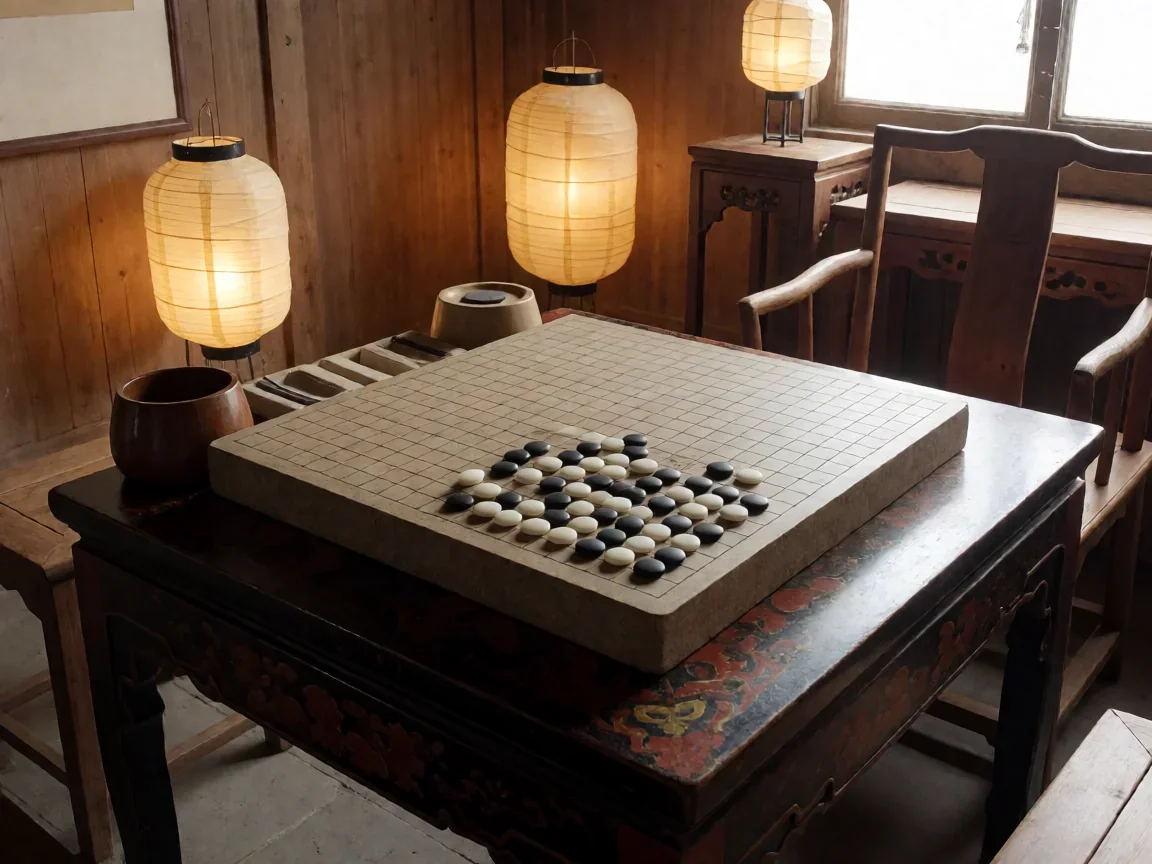 围棋小目定式变化,古书房漆案棋盘光影