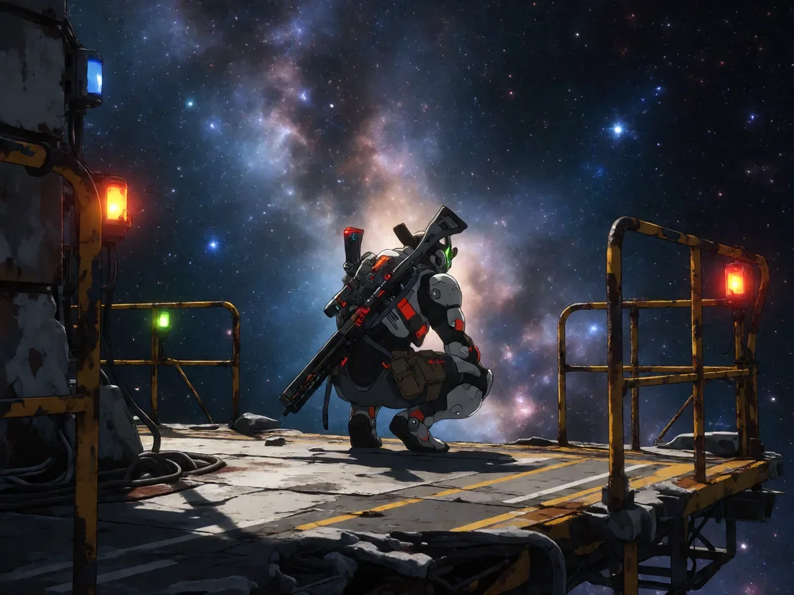 星际战甲新手武器推荐,空间站边缘的Tenno剪影与星云背景