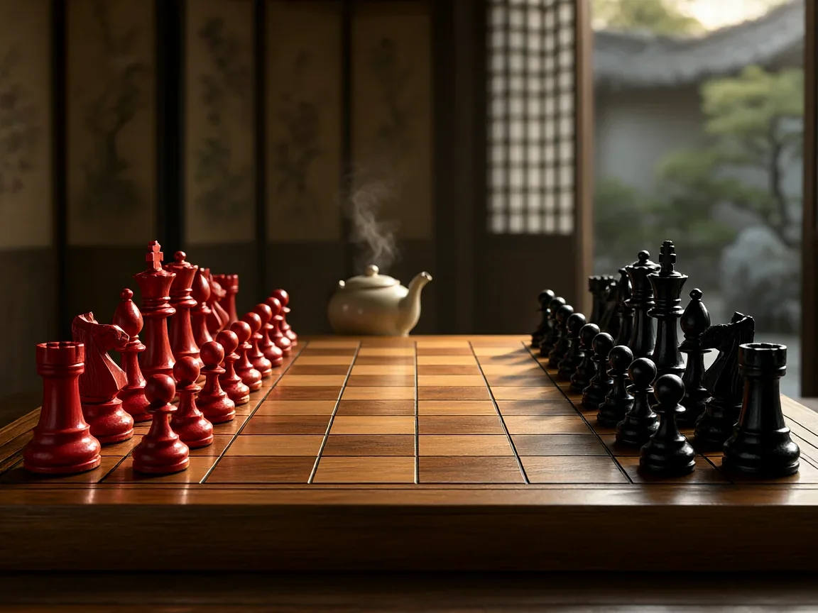 象棋入门教学,木纹棋盘上红黑棋子列阵